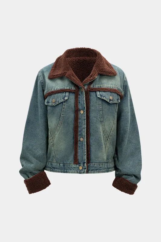 Denim Patchwork Button Fake Pockets Outerwear sold by Micas