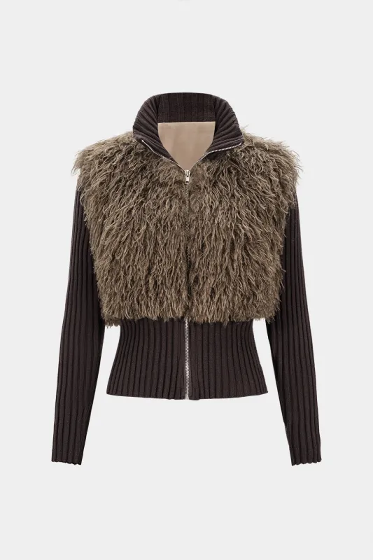 Knit Patchwork Fringe Zipper Cardigan sold by Micas