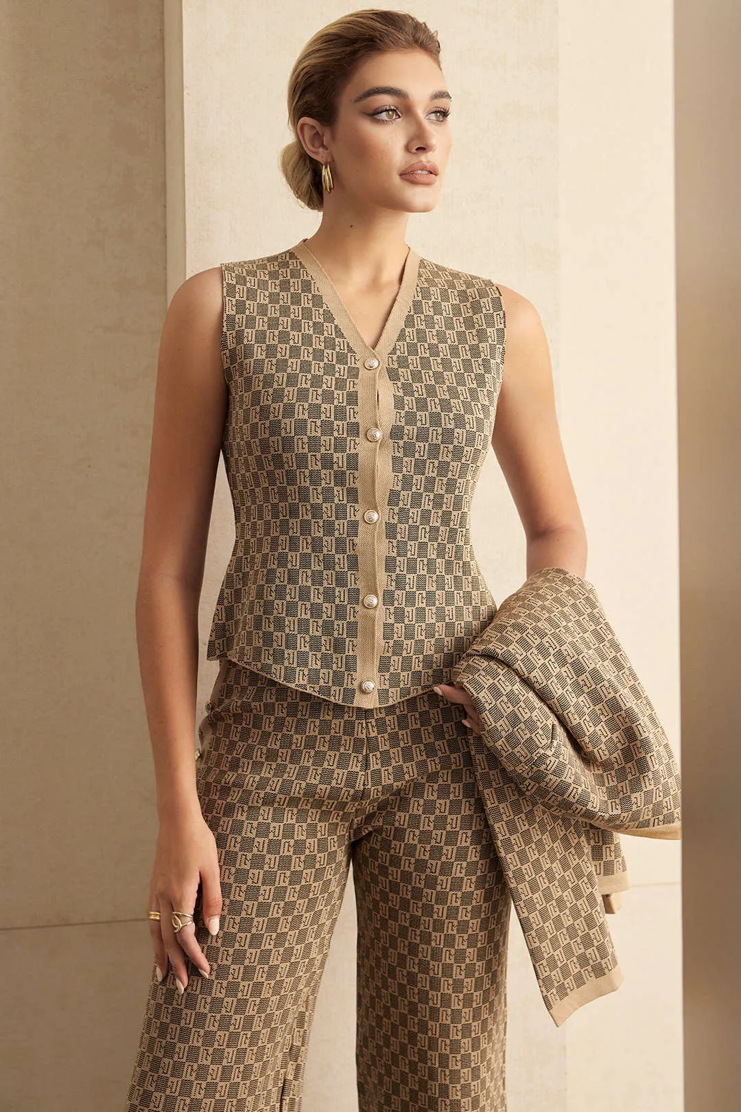 Knit Jacquard Long Cardigan And Button Vest And Wide Leg Pants Set sold by Micas product image thumbnail 4