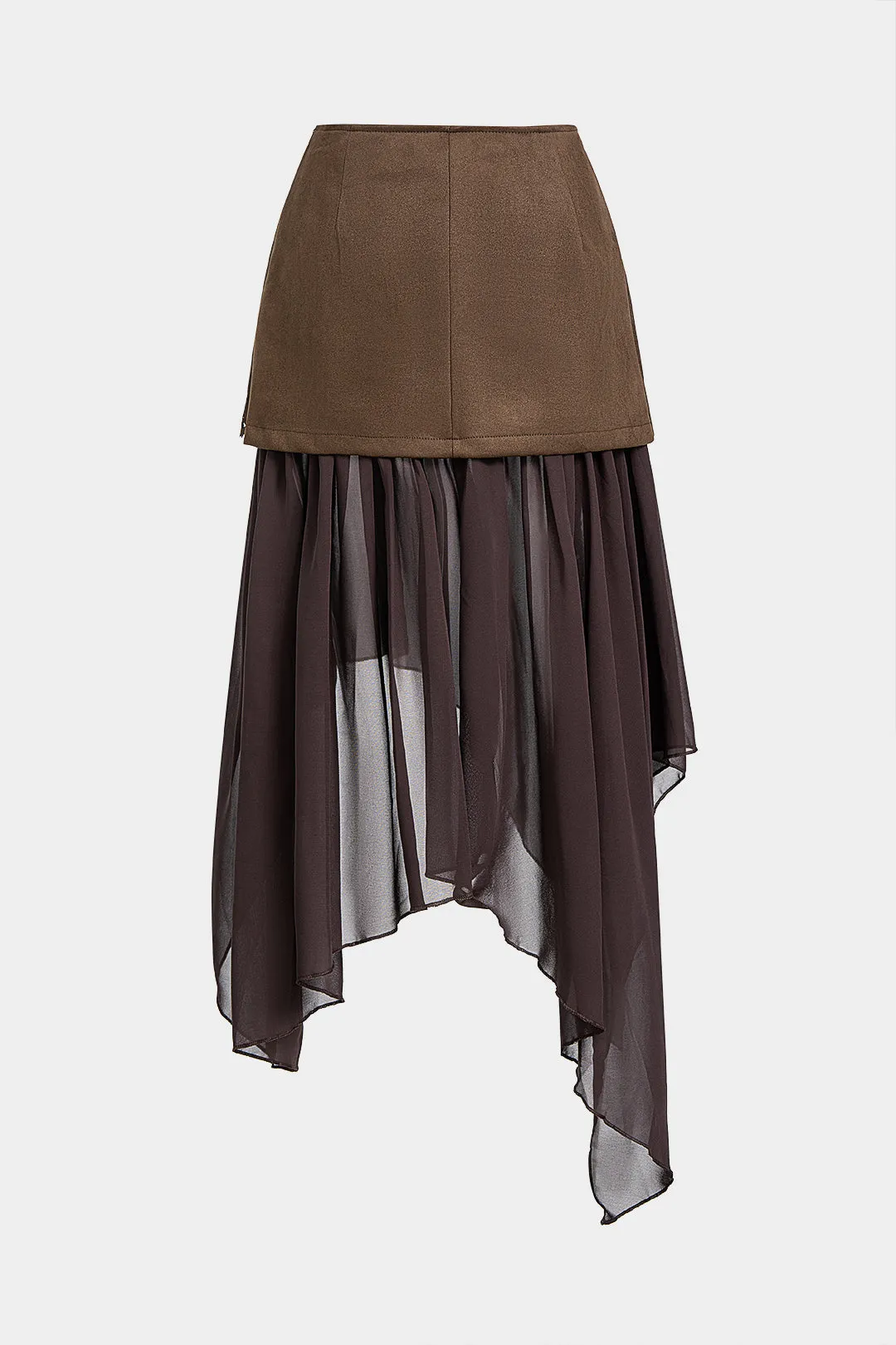 Suede Patchwork Mesh Cut Out Irregular Hem Skirt sold by Micas product image thumbnail 2
