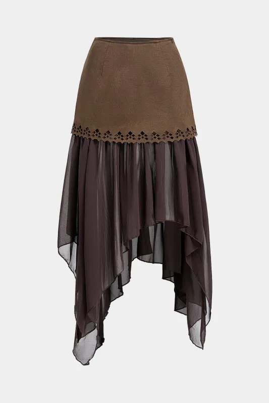 Suede Patchwork Mesh Cut Out Irregular Hem Skirt sold by Micas