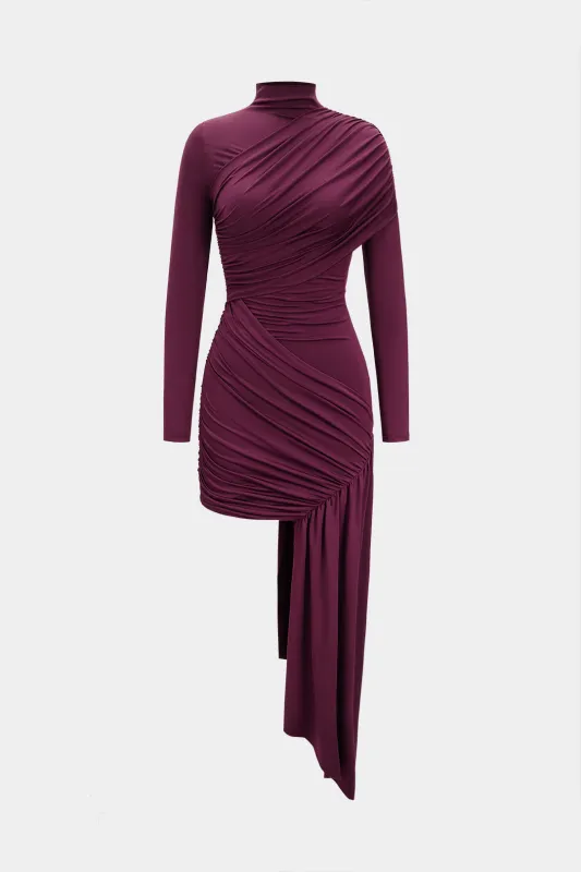 Mock Neck Asymmetrical Ruched Long Sleeve Mini Dress sold by Micas