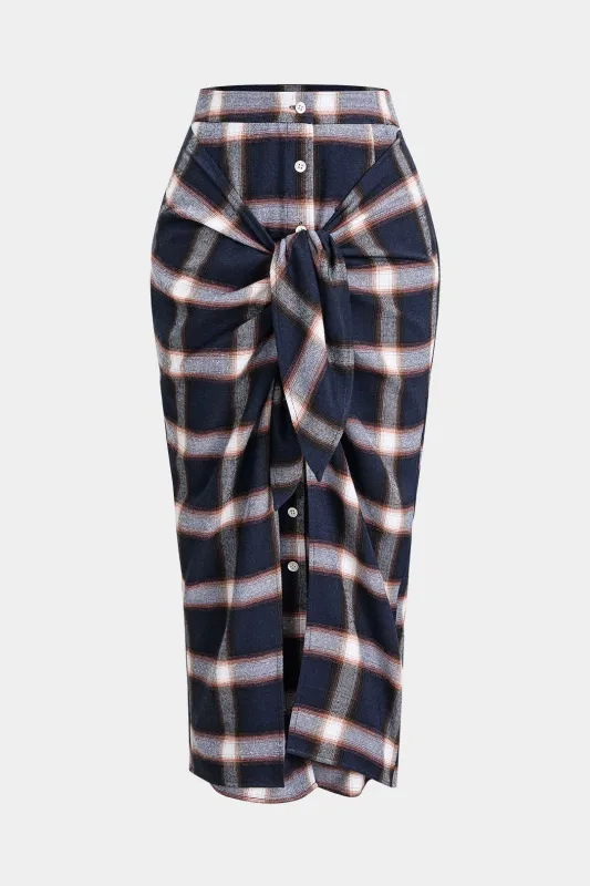 Plaid Print Knotted Skirt sold by Micas