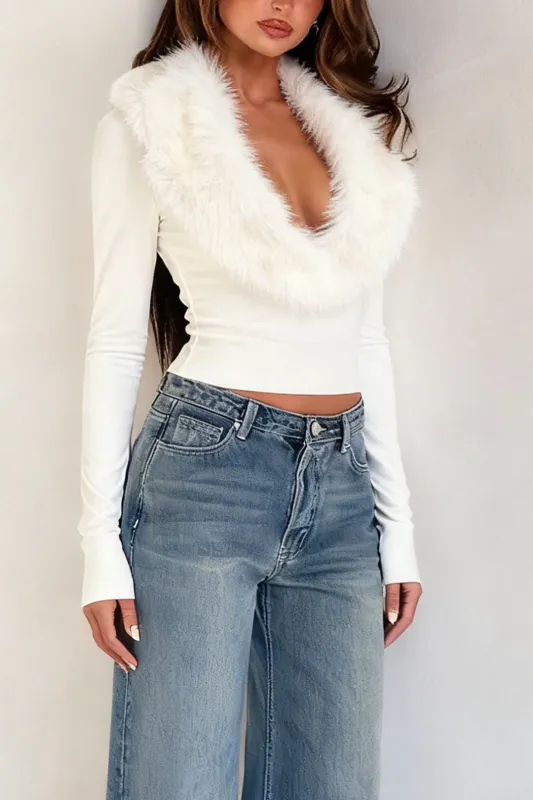 Patchwork Faux Fur Collar Long-Sleeve Top sold by Micas