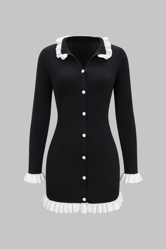 Knit Contrast Ruffels Button Long Sleeve Dress sold by Micas