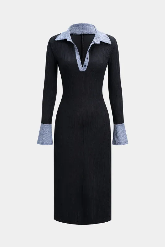Knit Button Contrast Long Sleeve Dress sold by Micas