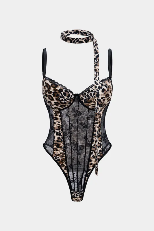 Leopard Print Sheer Lace Trim Sleeveless Bodysuit sold by Micas