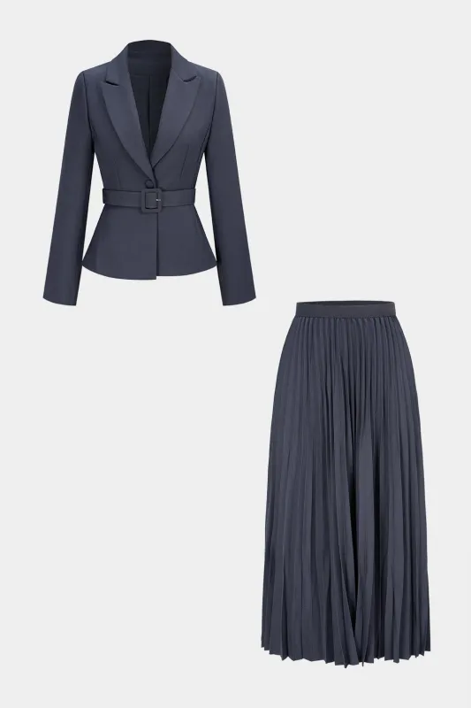 Solid Belted Blazer And Pleated Skirt Set sold by Micas