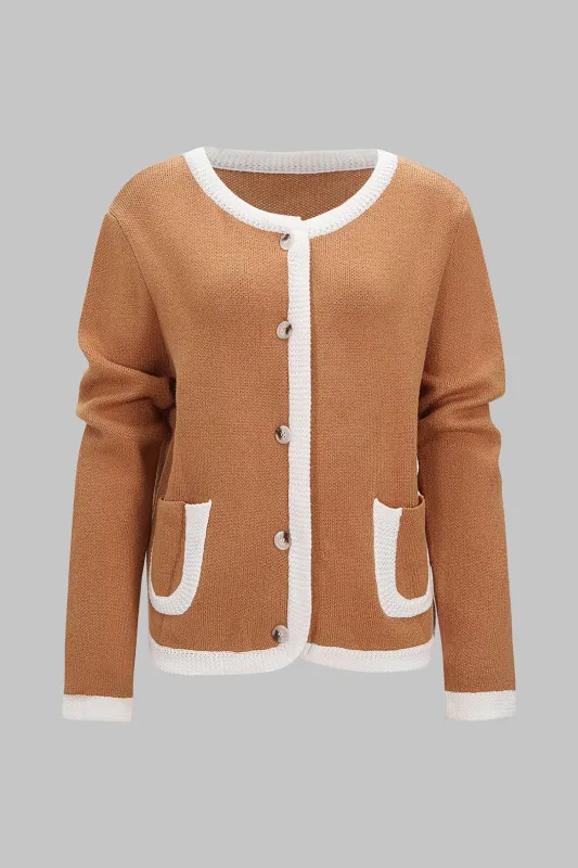 Knit Contrast Binding Round Neck Pocket Cardigan sold by Micas