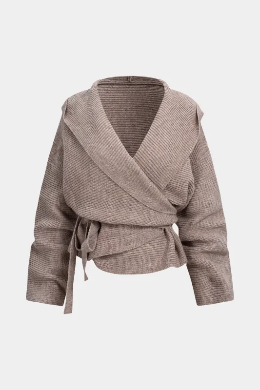 Knit Hooded Tie-Up Asymmetrical Cardigan sold by Micas