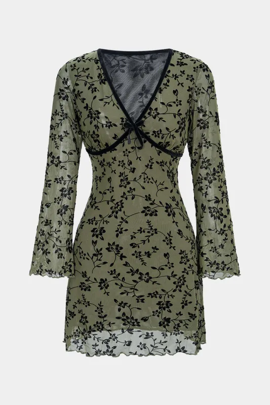 Floral Print V-Neck Bell Long Sleeve Mini Dress sold by Micas