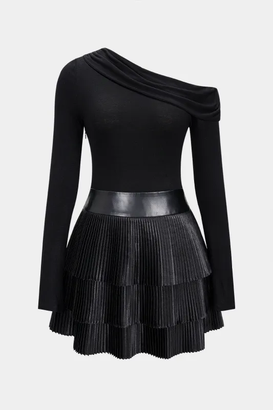 Faux Leather Patchwork Ruched One Shoulder Pleated Long Sleeve Mini Dress sold by Micas