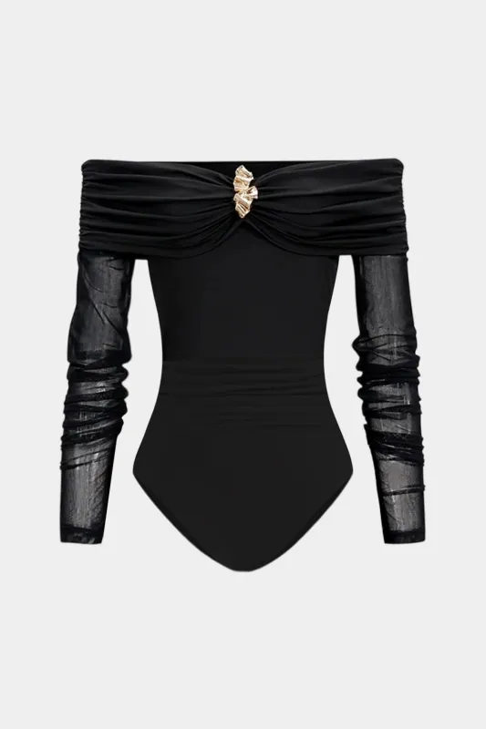 Metallic Decor Mesh Off Shoulder Long Sleeve Bodysuit sold by Micas