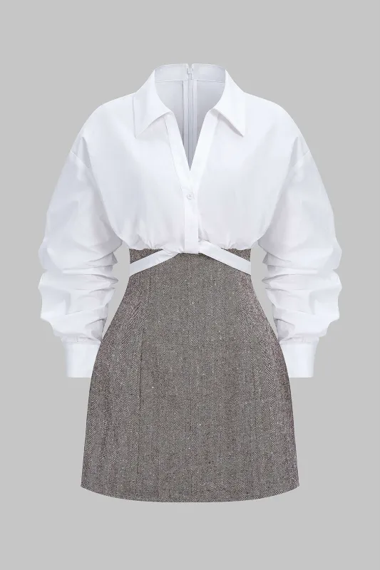 Patchwork Tie-Up Long Sleeve Mini Dress sold by Micas