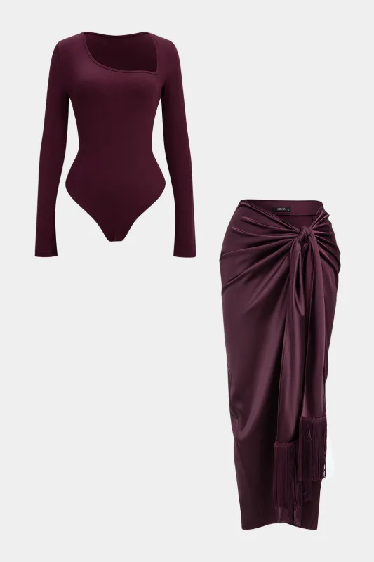 Solid Ruched Long Sleeve Bodysuit And Satin Knotted Wrap Skirt Set sold by Micas