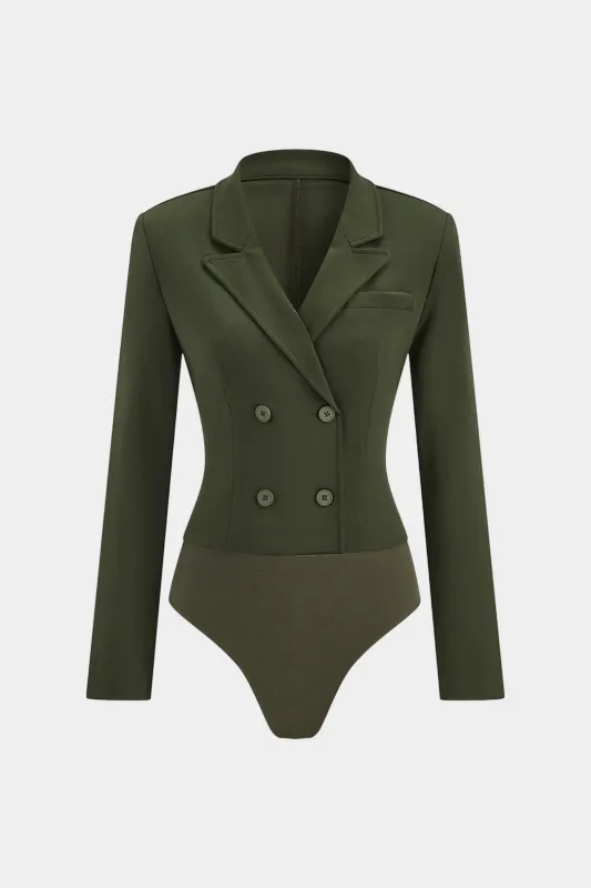 Notched Lapel Button Long Sleeve Bodysuit sold by Micas