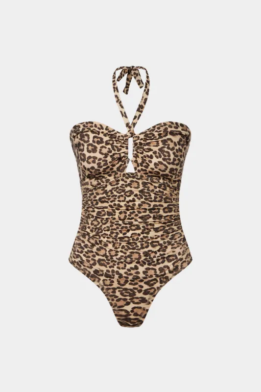 Leopard Print Halter Neck Tie-Back Ruched Sleeveless Bodysuit sold by Micas