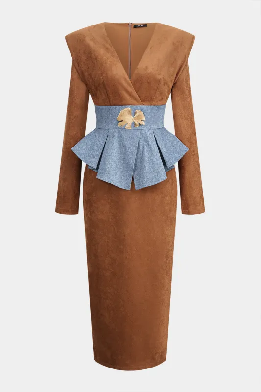 Suede Patchwork Metallic Decor Zipper Long Sleeve Midi Dress sold by Micas