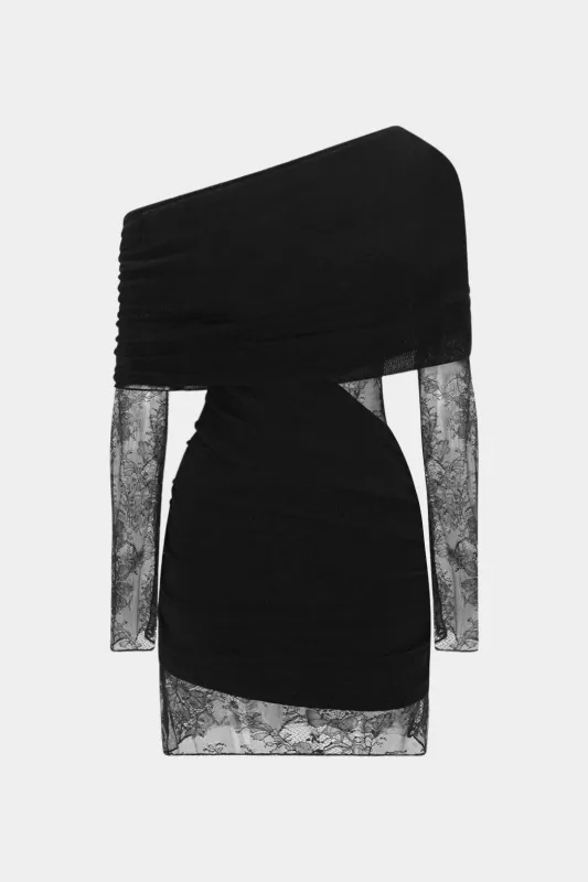 Lace Patchwork Ruched Boat Neck Asymmetrical Long Sleeve Mini Dress sold by Micas