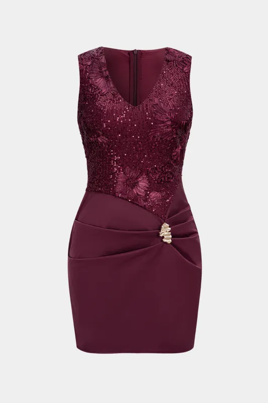 Sequins Patchwork Metallic Decor Ruched V-Neck Asymmetrical Sleeveless Mini Dress sold by Micas