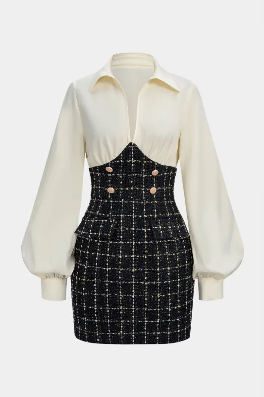 Plaid Print Jacquard Metallic Button Patchwork Long Sleeve Mini Dress sold by Micas