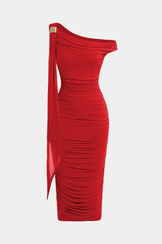 Ruched Mesh One Shoulder Sleeveless Midi Dress sold by Micas