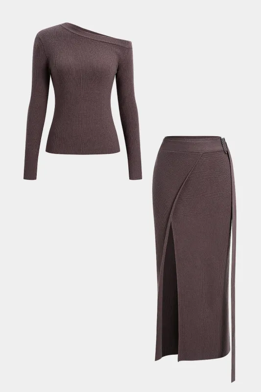 One Shoulder Long-Sleeve Top And Asymmetrical Slit Skirt Set sold by Micas