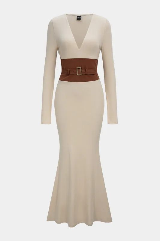 Faux Leather Patchwork Belted Long Sleeve Maxi Dress sold by Micas