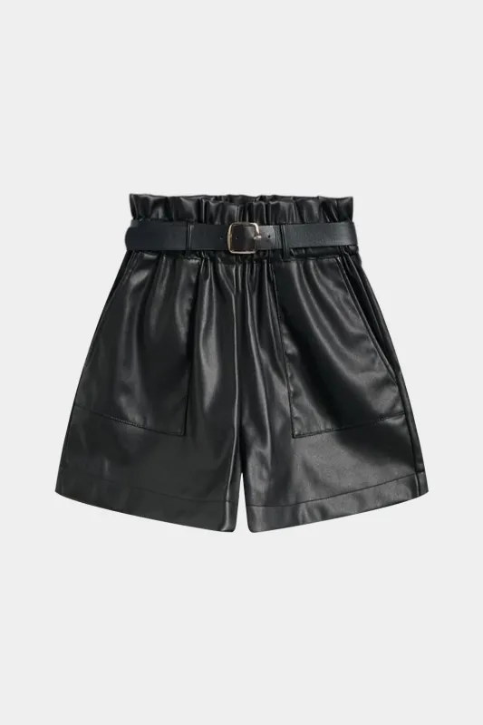 Faux Leather Pocket Belted Shorts sold by Micas