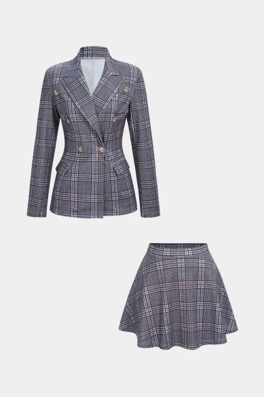 Plaid Print Button Blazer And Mini Skirt Set sold by Micas