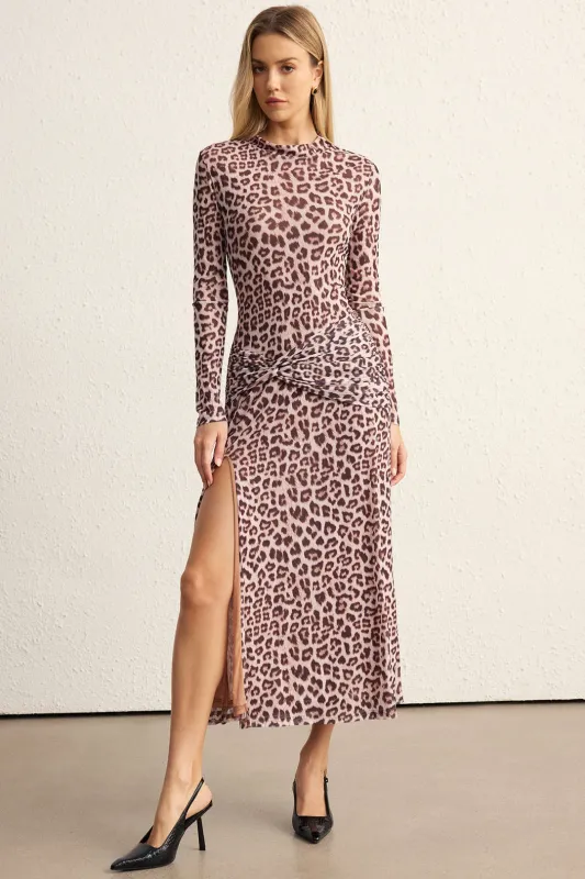 Leopard Print Mesh Ruched Slit Long Sleeve Midi Dress sold by Micas