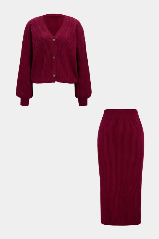Knit Button Long Sleeve Cardigan And Skirt Set sold by Micas