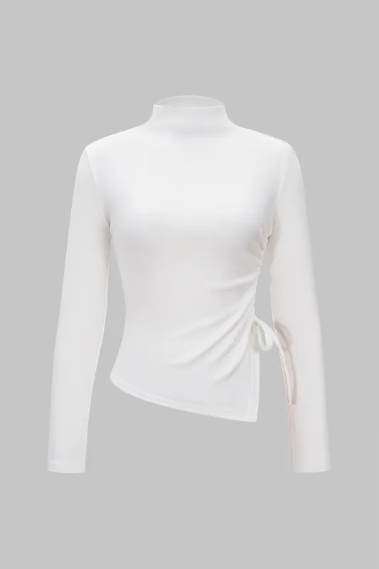 Mock Neck Drawstring Ruched Asymmetrical Long-Sleeve Top sold by Micas