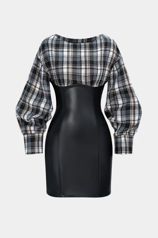 Plaid Print Faux Leather Patchwork Long Sleeve Mini Dress sold by Micas