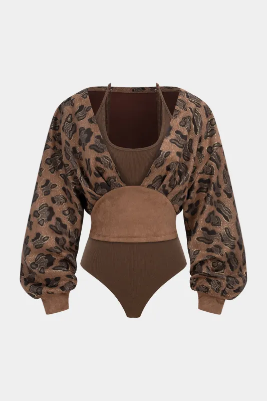 Leopard Print Suede Patchwork Halter Neck Long Sleeve Bodysuit sold by Micas