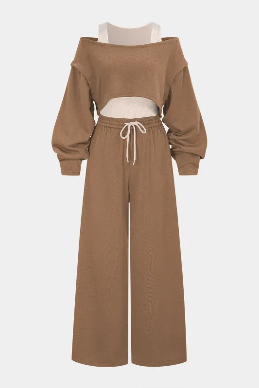 Patchwork Shirred Long Sleeve Sweater And Drawstring Wide Leg Trouser Set sold by Micas