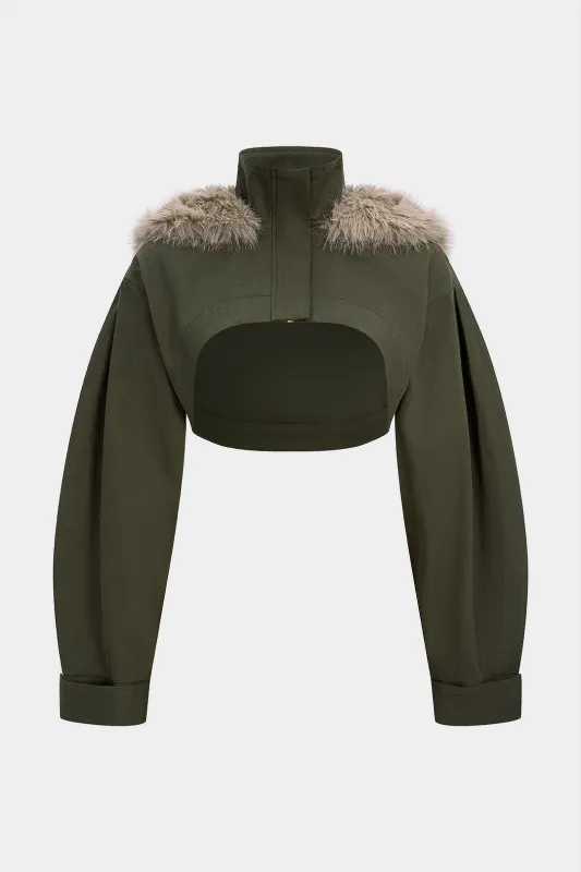 Faux Fur Patchwork High Collar Hooded Long-Sleeve Shirt sold by Micas