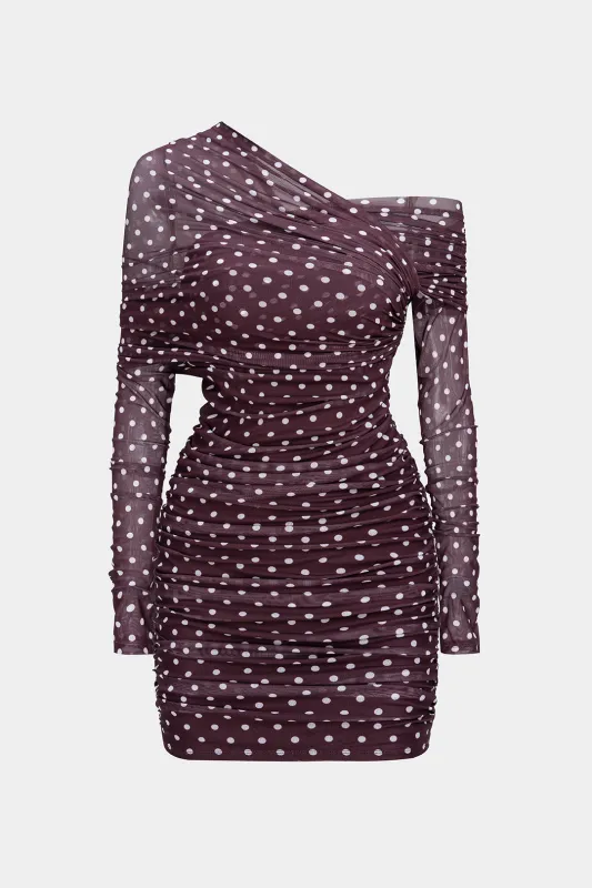 Polka Dots Print Mesh One Shoulder Long Sleeve Mini Dress sold by Micas