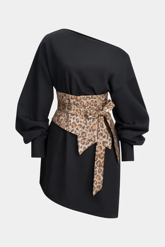 One Shoulder Long Sleeve Mini Dress With Leopard Print Tie-Up Corset sold by Micas