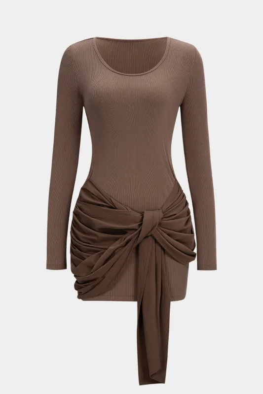 Round Neck Patchwork Ruched Long Sleeve Mini Dress sold by Micas