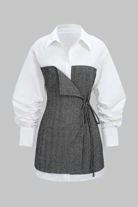 Tweed Patchwork Tie-Up Asymmetrical Long Sleeve Mini Dress sold by Micas