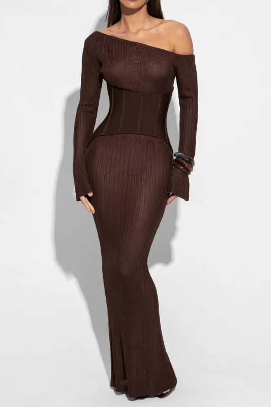 One Shoulder Corset Tie Back Long Sleeve Maxi Dress made by Micas