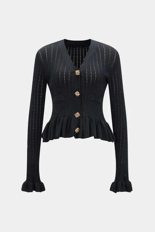 Knit Ruffle V-Neck Metallic Button Cardigan sold by Micas