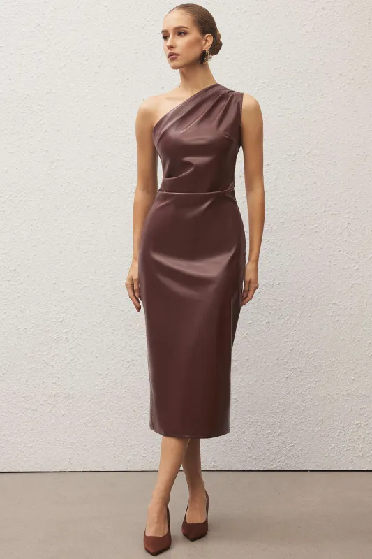 One Shoulder Faux Leather Asymmetrical Ruched Sleeveless Midi Dress sold by Micas
