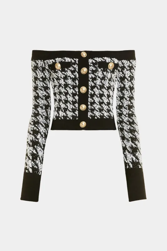 Houndstooth Print Off Shoulder Woolen Button Long-Sleeve Top sold by Micas