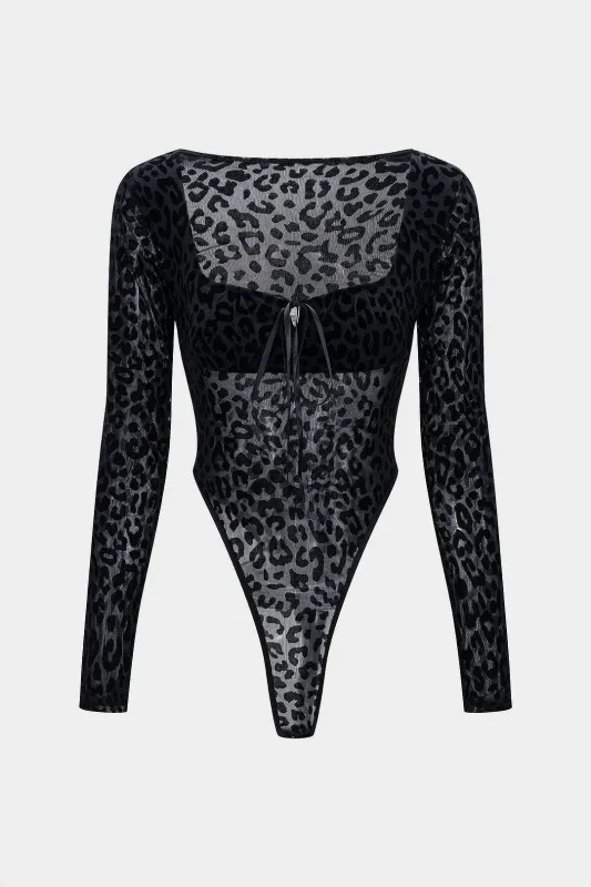 Leopard Print Mesh Tie-Front Long Sleeve Bodysuit sold by Micas