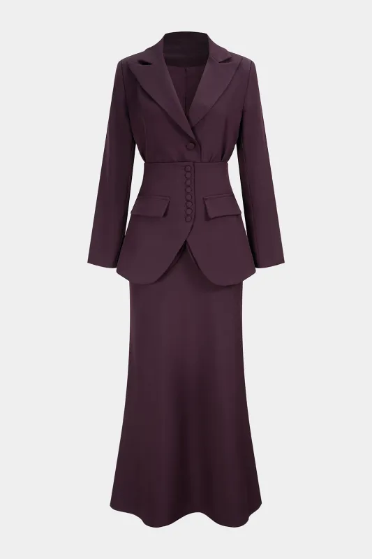 3PC Solid Notched Lapel Blazer And Skirt Set sold by Micas