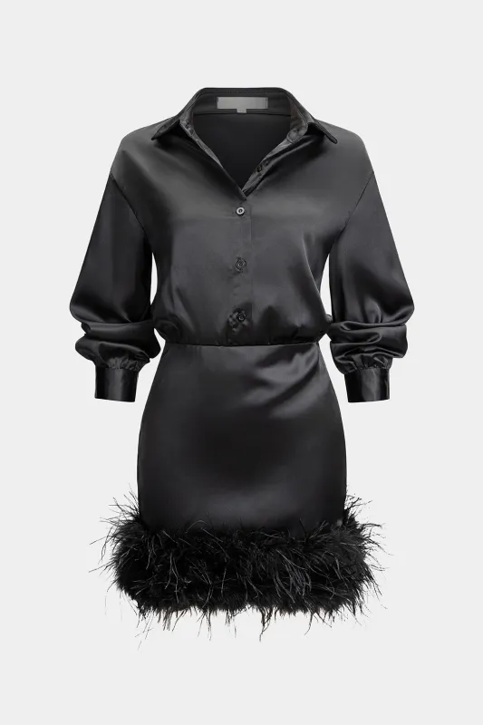 Satin Patchwork Feather Trim Long Sleeve Midi Dress sold by Micas