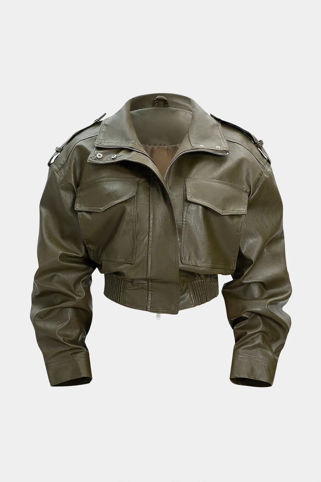 Faux Leather Pocket Shirred Cropped Jacket sold by Micas