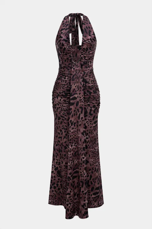 Leopard Print Halter Neck Backless Tie-Up Sleeveless Maxi Dress sold by Micas